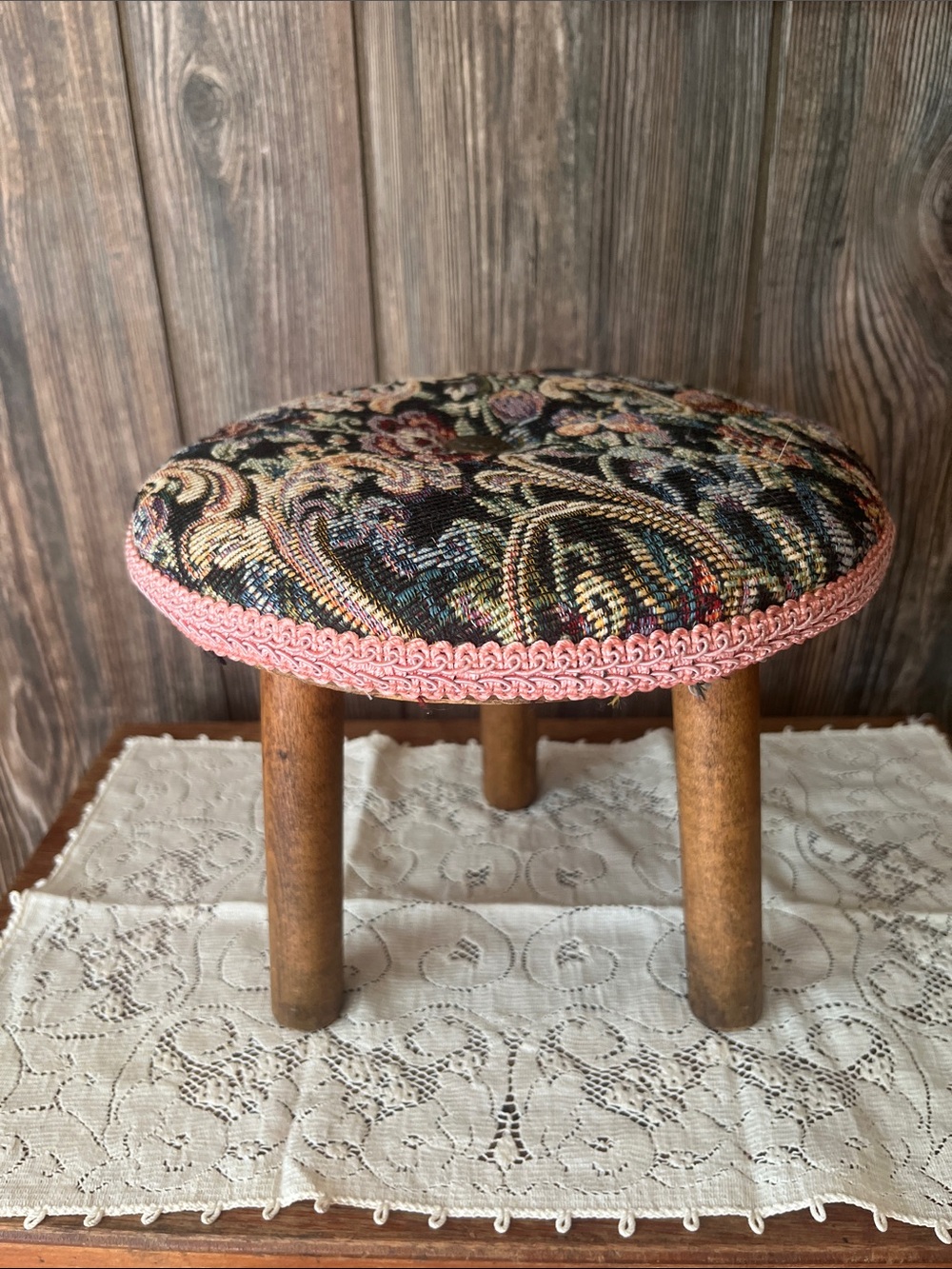 Vintage Tapestry Upholstered Accent Stool with Pink Trim